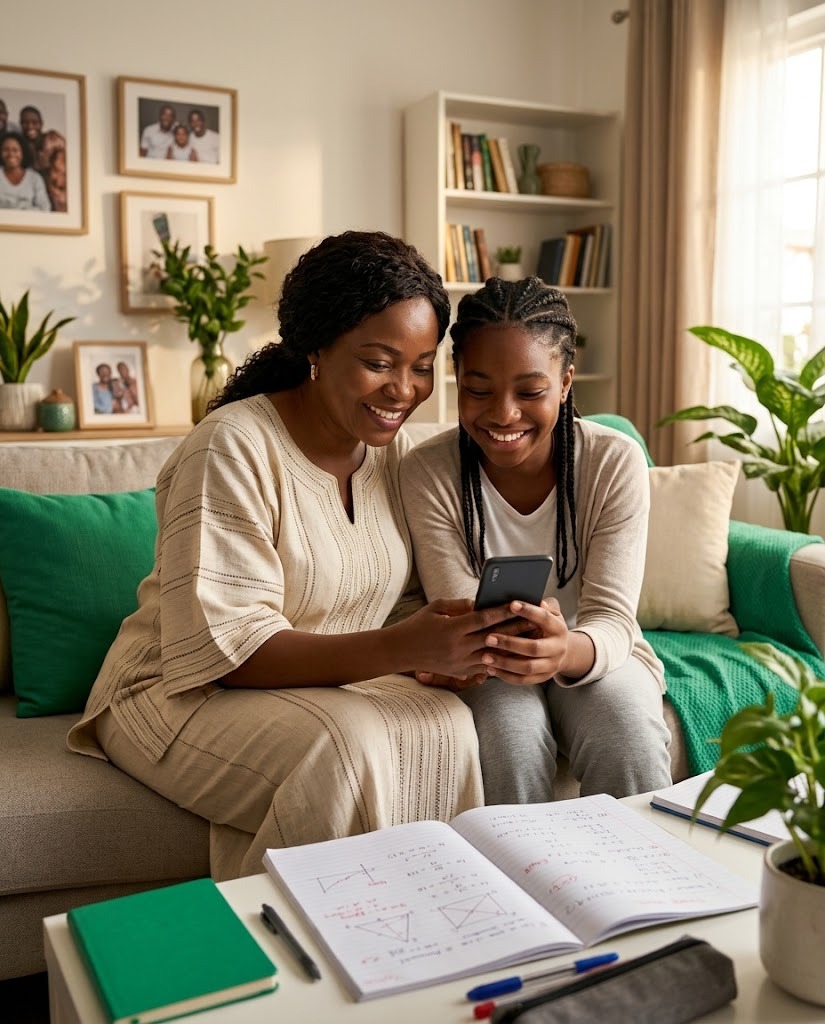 Une mère et sa fille regardent les progrès en maths sur un smartphone